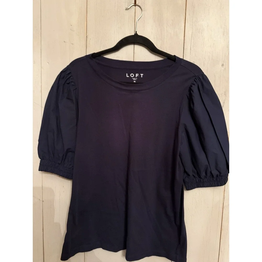 LOFT Top Blouse Mixed Media Navy Blue Puff Sleeve Knit Cotton Cottagecore Sz-M